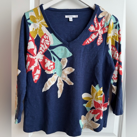 Chico’s Floral V-Neck 3/4 Sleeve Cotton Modal Top Spring Printed Bohemian Large - Picture 2 of 8
